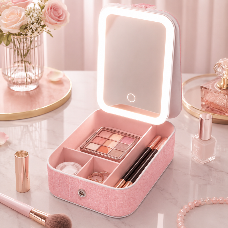Estuche de maquillaje portátil con espejo LED